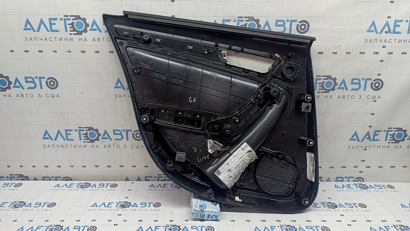Door trim, rear right card, Audi A4 B8 13-16 rest, black, with black leather insert, black leather armrest, sedan without curtain, molding with dark wood structure, with buttons, scratches, broken fasteners, tears