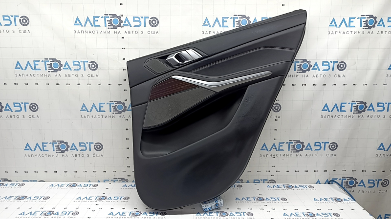 Door trim, rear right card, BMW X5 G05 19-25, black leather, without curtain, Fineline Stripe wood insert, black leather armrest, with handle and overlays, for tweeter