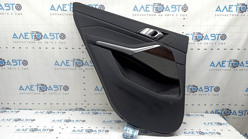 Door trim, rear left card, BMW X5 G05 19-22, black leather without curtain, Fineline Stripe wood insert, black leather armrest, with handle and overlays, under the tweeter, scratches
