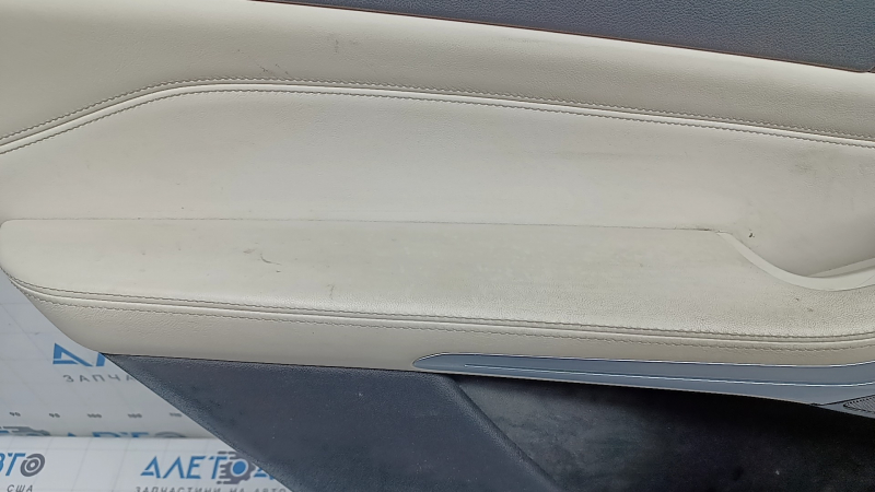 Door trim, rear left card, BMW X7 G07 19-22, under the curtain, black Schwarz leather, wood insert, with a handle, armrest and insert, Elfenbein-Weiss leather, scratches, dry cleaning, tears