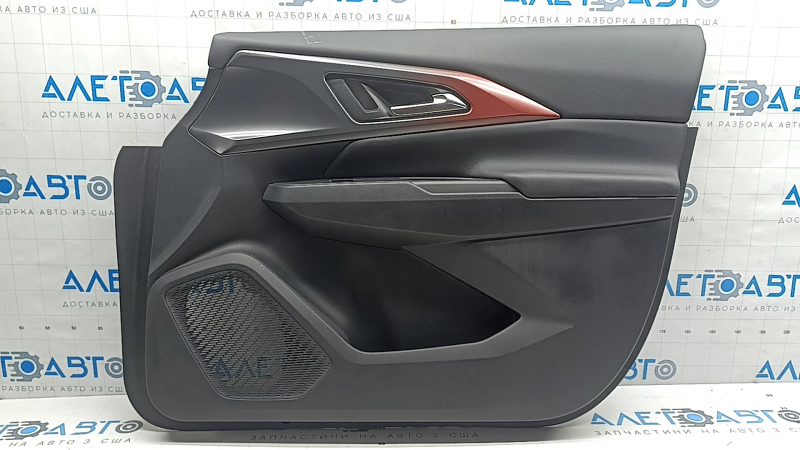 Door trim, front right card, Chevrolet Equinox EV 24-26, black, upper insert, black leather, black rubber armrest, chrome handle, with backlight, without buttons and wiring