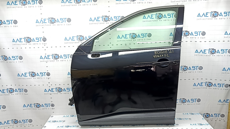 Front left door assembly for Nissan Rogue 21-26 keyless. Triplex, glossy corner, black KH3, scratches on trims