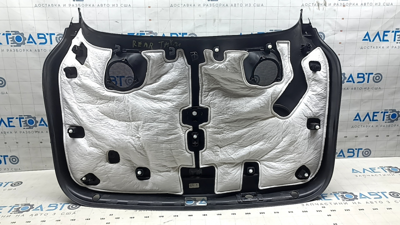Tesla Model Y 20-25 black lower trunk door trim, with speaker grilles, scratches, needs cleaning