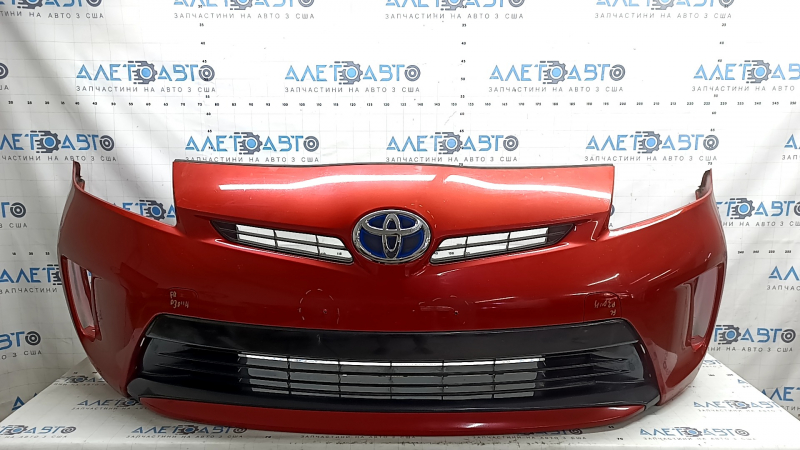 Front bumper assembly for Toyota Prius 30 12-15 rest, red, with tow hook plugs, grilles, emblem, and frame, scratches, cracks, non-factory holes