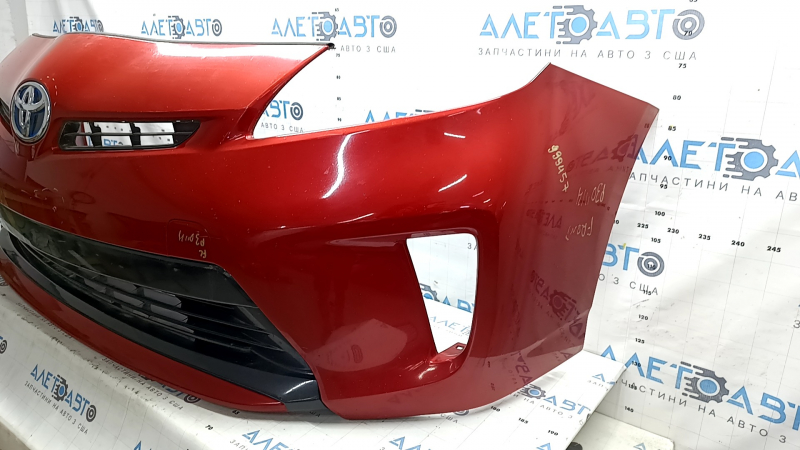 Front bumper assembly for Toyota Prius 30 12-15 rest, red, with tow hook plugs, grilles, emblem, and frame, scratches, cracks, non-factory holes