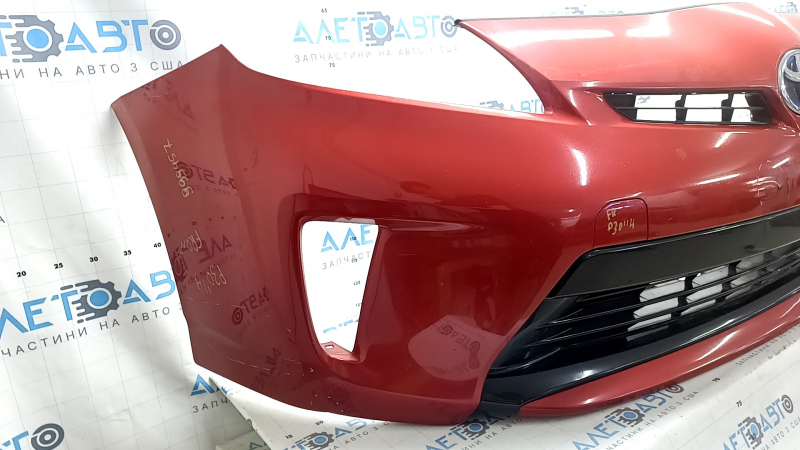 Front bumper assembly for Toyota Prius 30 12-15 rest, red, with tow hook plugs, grilles, emblem, and frame, scratches, cracks, non-factory holes
