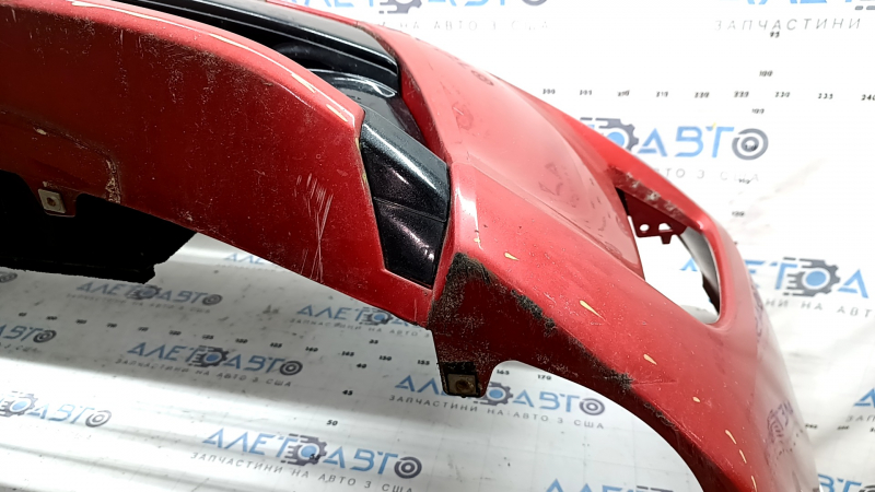 Front bumper assembly for Toyota Prius 30 12-15 rest, red, with tow hook plugs, grilles, emblem, and frame, scratches, cracks, non-factory holes