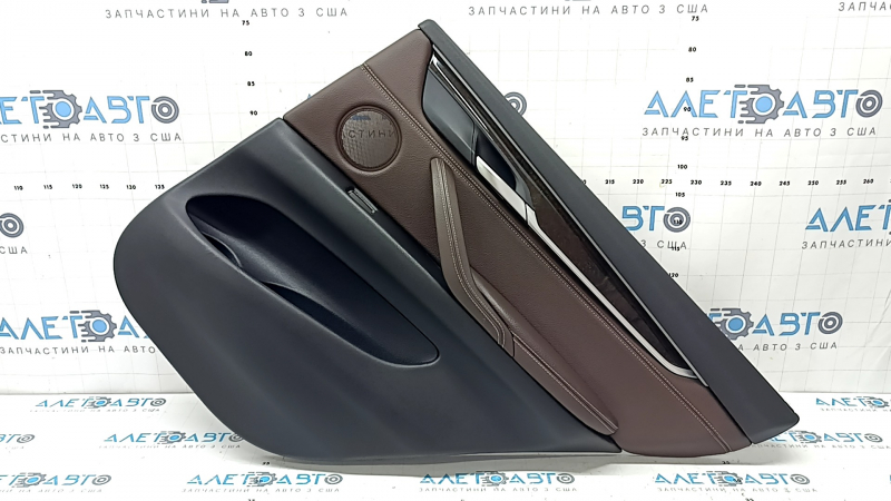 Door trim, rear right card, BMW X5 F15 14-18, black, without curtain, insert and armrest, brown Dakota Mokka leather, glossy wood molding, with backlighting and handle, bumpers