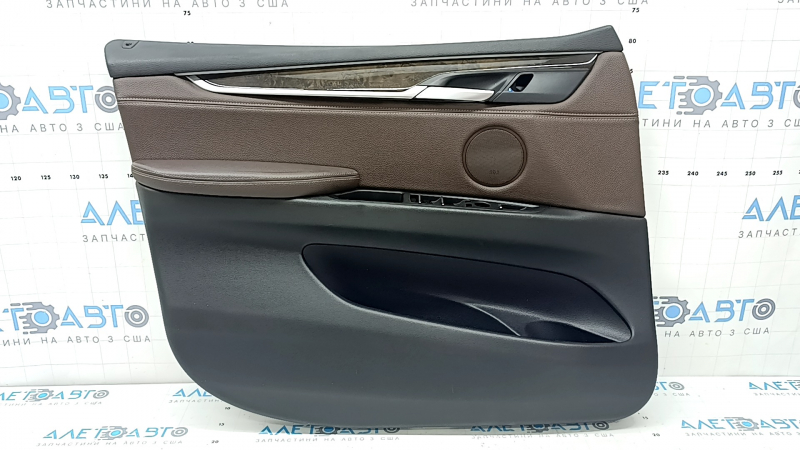 Door trim, front left card, BMW X5 F15 14-18, black, insert and armrest, brown Dakota Mokka leather, glossy wood trim, with handle and trim, scratches, dent, needs cleaning