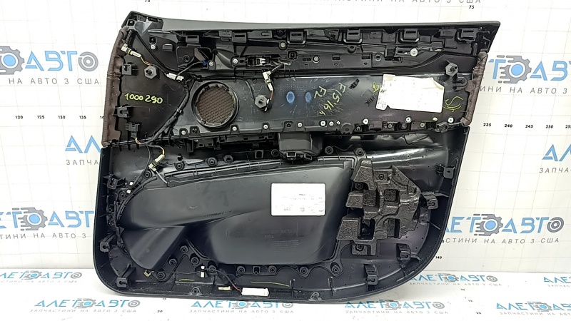 Door trim, front left card, BMW X5 F15 14-18, black, insert and armrest, brown Dakota Mokka leather, glossy wood trim, with handle and trim, scratches, dent, needs cleaning