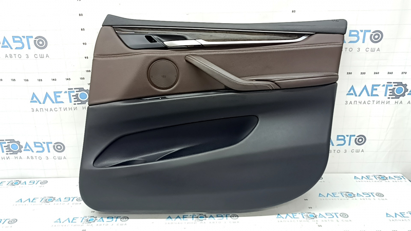 Door trim, front right card, BMW X5 F15 14-18, black, insert and armrest, brown Dakota Mokka leather, glossy wood trim, with handle and overlays, bumps, cracked handle