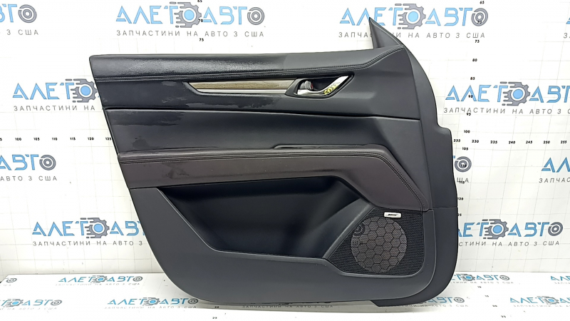 Front left door panel for Mazda CX-5 17-23, black, brown leather armrest, trim with chrome molding under wood, BOSE, worn, needs cleaning