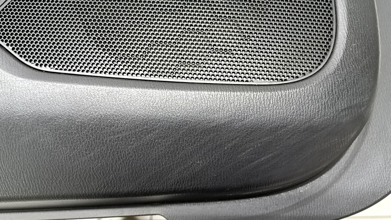 Front left door panel for Mazda CX-5 17-23, black, brown leather armrest, trim with chrome molding under wood, BOSE, worn, needs cleaning