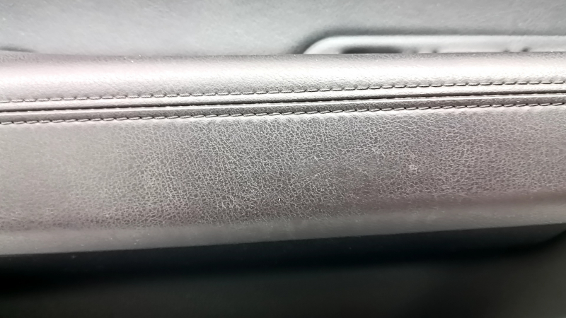 Front left door panel for Mazda CX-5 17-23, black, brown leather armrest, trim with chrome molding under wood, BOSE, worn, needs cleaning