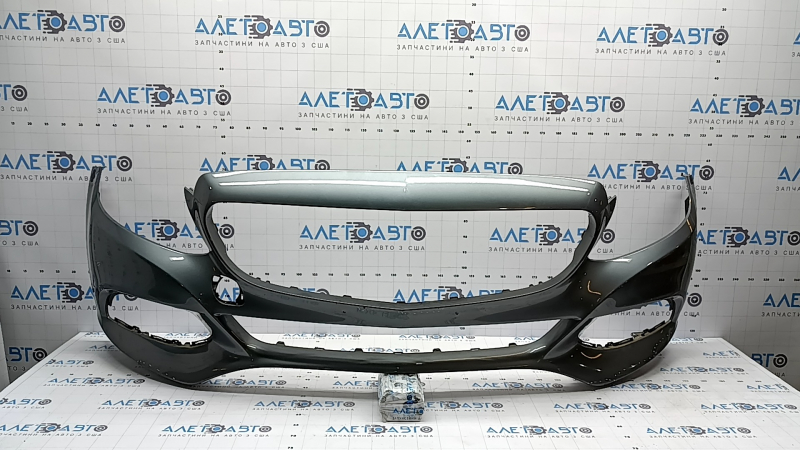 Bare front bumper Mercedes C-class W205 300/350e/350h/400 16-18 without parking sensors, graphite 992, broken fasteners, scratches, crack, non-factory hole
