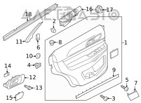 Door trim card rear right Ford Explorer 16-19 rest, beige, cloth insert, leather armrest, needs cleaning, scratches, plastic turned white