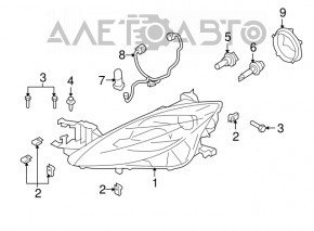 Headlight front right halogen Mazda6 09-13 naked usa