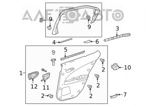 Door trim panel rear left Lexus UX200 UX250h 19-26 black, armrest black leather, with handle, scratches, whitened plastic
