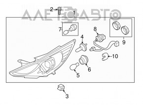 Headlight front right bare Hyundai Sonata 11-15