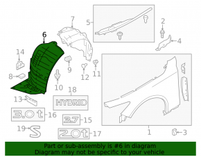 Front left fender liner Infiniti Q50 14- front part, torn