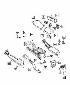 Center console trim frame Dodge Challenger 15-19 rest, black leather, crepe break