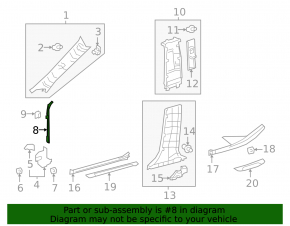 Front center pillar trim, left, Lexus ES250 ES300h ES350 19-26, black