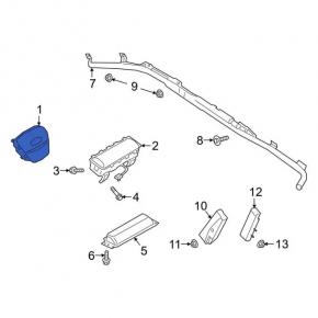 The steering wheel airbag for the driver's side of the Ford Bronco Sport 2021-2025 is black and has a rusty squib.