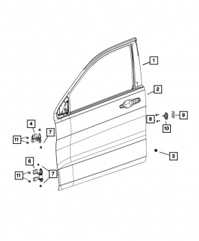 Jeep Grand Cherokee WK2 11-22 keyless front right door assembly. Triplex glass, silver PSC, dent, scratches on molding.