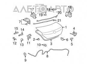 The trunk lid of a Toyota Solara 2.4 04-08 dent