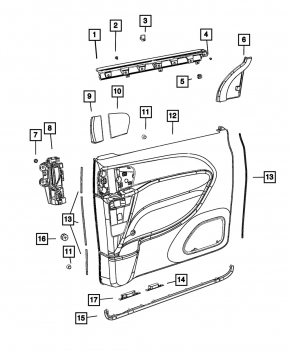 Door trim card rear right Chrysler Pacifica 17- under curtain, gray with black leather