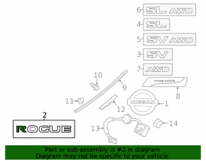 The ROGUE emblem is on the tailgate of the Nissan Rogue 14-20.