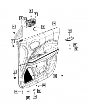 Jeep Compass 22-26 black front right door panel, gray fabric insert, blue stitching
