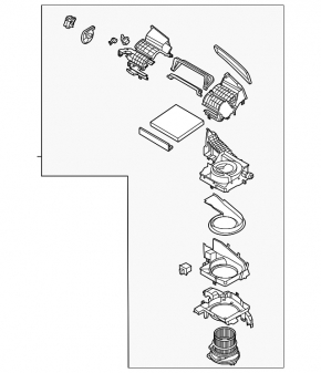 The bare heater housing of a Kia K5 21-24 without a fan or actuator.