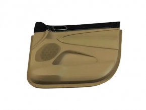 Beige front right door panel for Jeep Grand Cherokee WK2 19-22, with beige and black leather inserts, beige leather armrest, dark wood molding, with handle, scratches, dents, needs cleaning