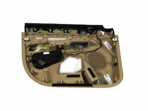 Beige front right door panel for Jeep Grand Cherokee WK2 19-22, with beige and black leather inserts, beige leather armrest, dark wood molding, with handle, scratches, dents, needs cleaning