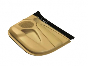Beige front right door panel for Jeep Grand Cherokee WK2 19-22, with beige and black leather inserts, beige leather armrest, dark wood molding, with handle, scratches, dents, needs cleaning