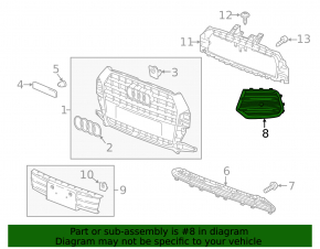 Front bumper grille right Audi Q3 8U 16-17 for solid bumper, for parking sensors
