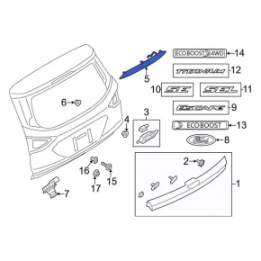 Upper trunk door molding with emblem Ford Escape MK3 13-16 prerest without camera chrome, defect