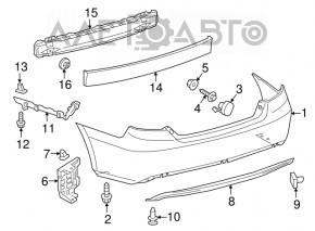 The rear bumper of a Toyota Camry V55 15-17 USA is black and dented, torn, and has broken fasteners.