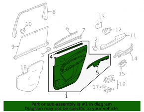Door trim card rear left Acura MDX 14-20 black with black insert leather, armrest leather, molding under wood gloss, curtain, scratches