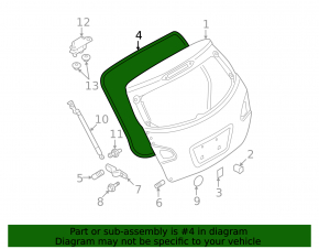 Rubber seal for the tailgate of a Nissan Rogue 2008-2015
