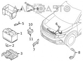 The positive terminal of the Hyundai Tucson 16-21 battery with housing and wiring.