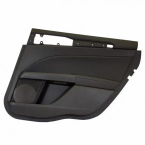 Door trim card rear right Ford Fusion mk5 13-16 black with black insert leather, armrest black leather, molding dark wood gloss, scratches, abrasions, scuffs