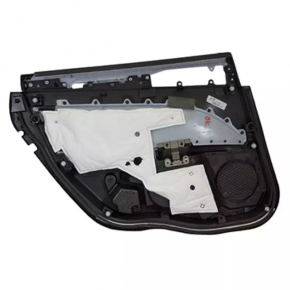 Door trim card rear right Ford Fusion mk5 13-16 black with black insert leather, armrest black leather, molding dark wood gloss, scratches, abrasions, scuffs