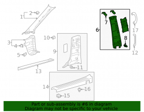 Left center pillar trim, upper belt, gray, Toyota Sienna 2010-2011