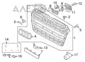 Complete radiator grille for an Audi A4 B9 17 with emblem, for parking sensors, sand, light chrome, chips, non-factory holes
