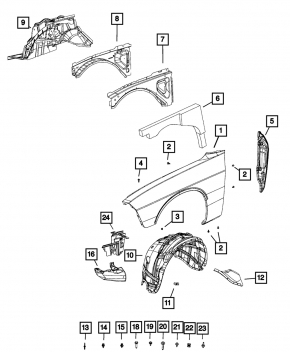 Front left fender liner for Dodge Challenger 15-23 rest.