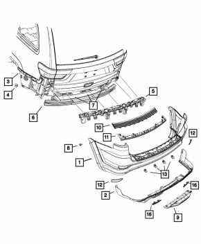 Rear bumper bare Jeep Grand Cherokee WK2 14-16 upper part, for parking sensors, silver, scratched