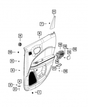 Jeep Compass 22-26 black rear right door panel, gray fabric insert, blue stitching