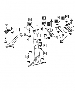 Left rear pillar trim panel behind the window for a 11-13 Dodge Journey, 3-row seat, gray, dry-cleanable, scratches